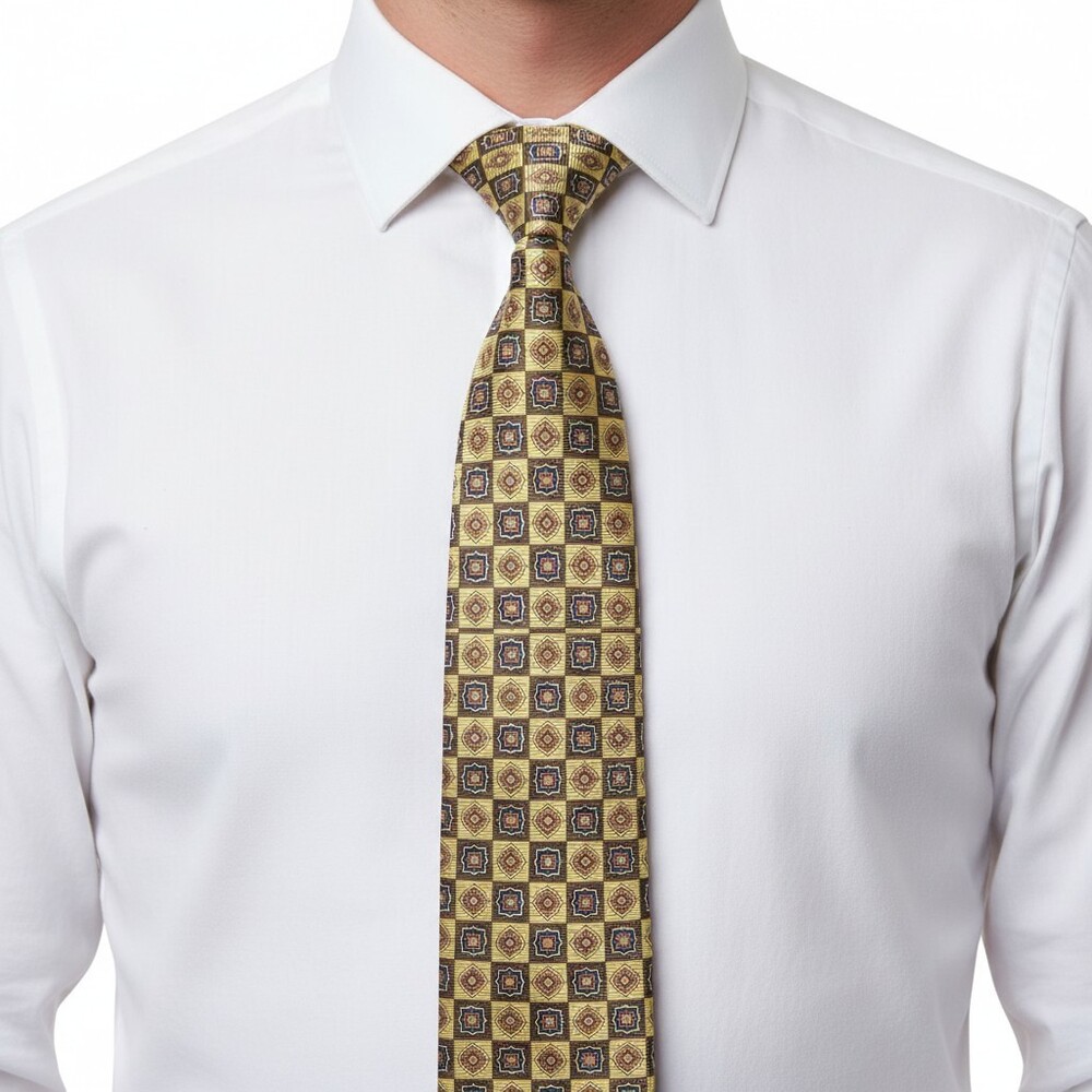 Valentino 100% Silk Tie Hand Made In Italy Geometric Yellow Brown Blue Red